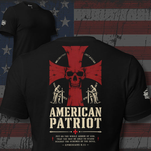 American Patriot red cross, skull, and firearms with Against All Schemes scripture design back print black tee from Infidel Collective