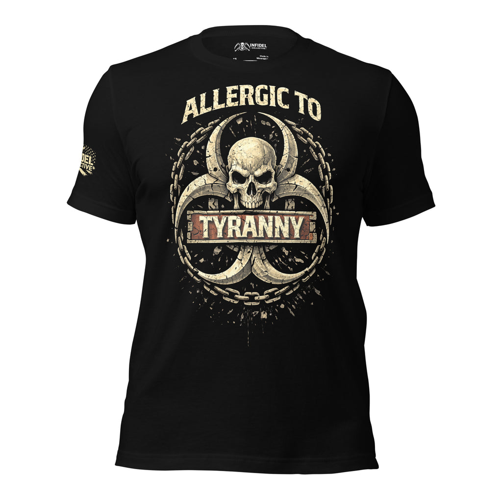 Black front print t-shirt featuring skull emblem with chains and biohazard-inspired symbol alongside Allergic to Tyranny text