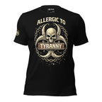 Black front print t-shirt featuring skull emblem with chains and biohazard-inspired symbol alongside Allergic to Tyranny text