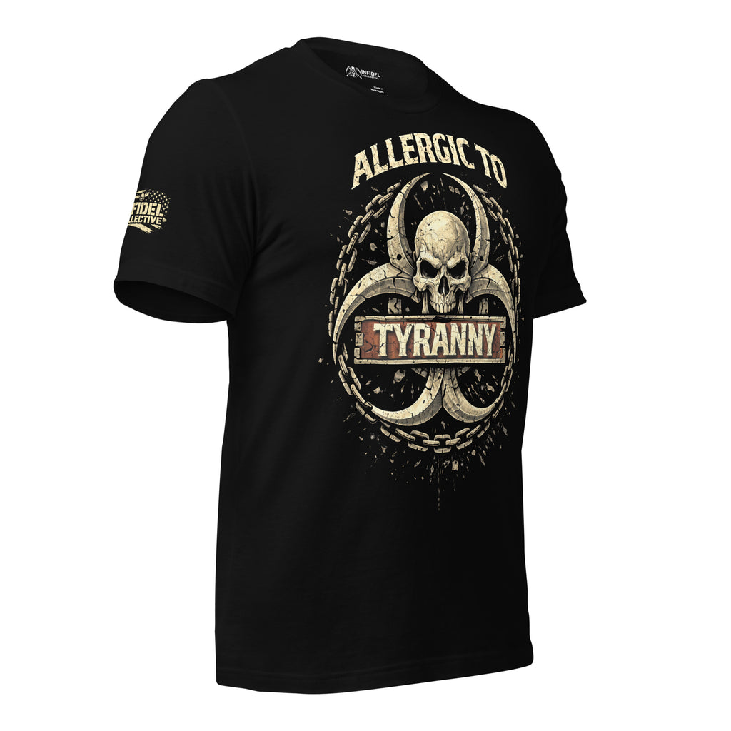 Black front print t-shirt featuring skull emblem with chains and biohazard-inspired symbol alongside Allergic to Tyranny text
