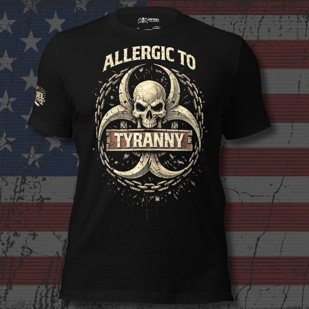 Black front print t-shirt featuring skull emblem with chains and biohazard-inspired symbol alongside Allergic to Tyranny text