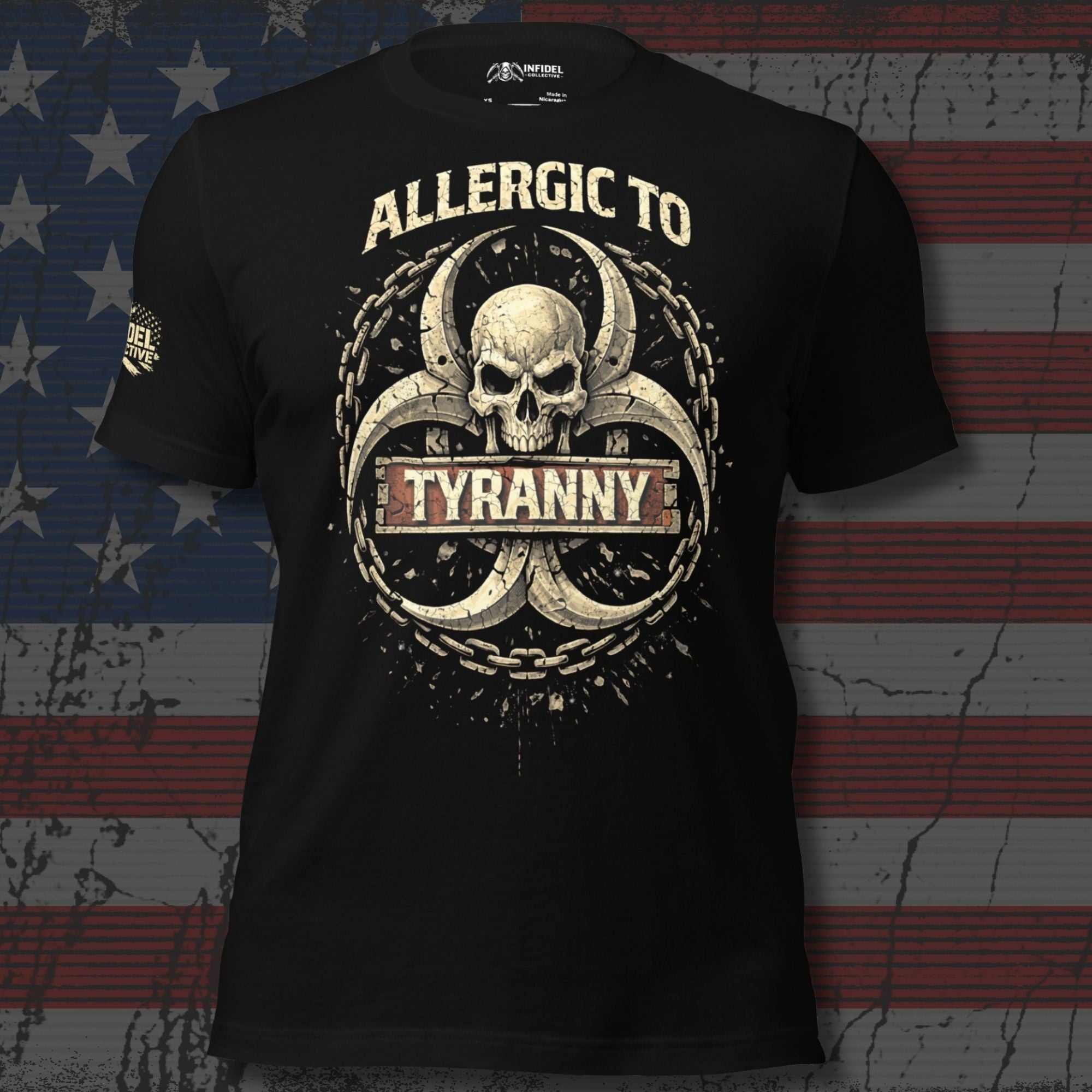 Black front print t-shirt featuring skull emblem with chains and biohazard-inspired symbol alongside Allergic to Tyranny text