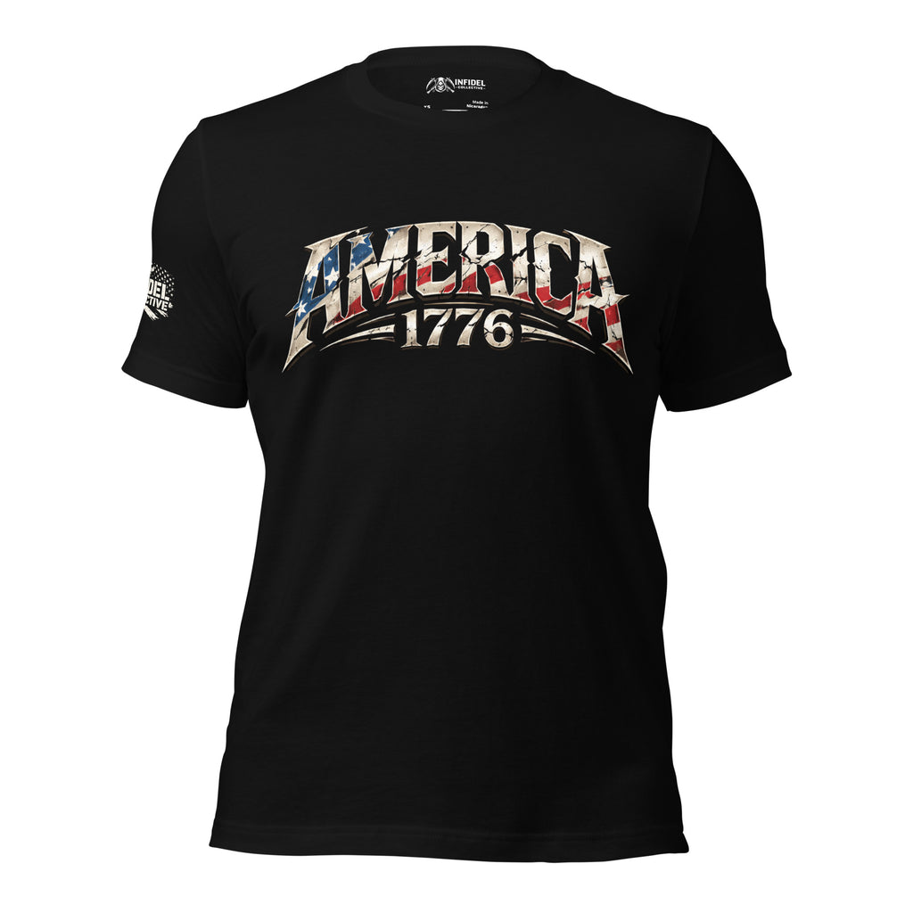 Black front print t-shirt featuring distressed America 1776 lettering with an American flag design integrated into the text