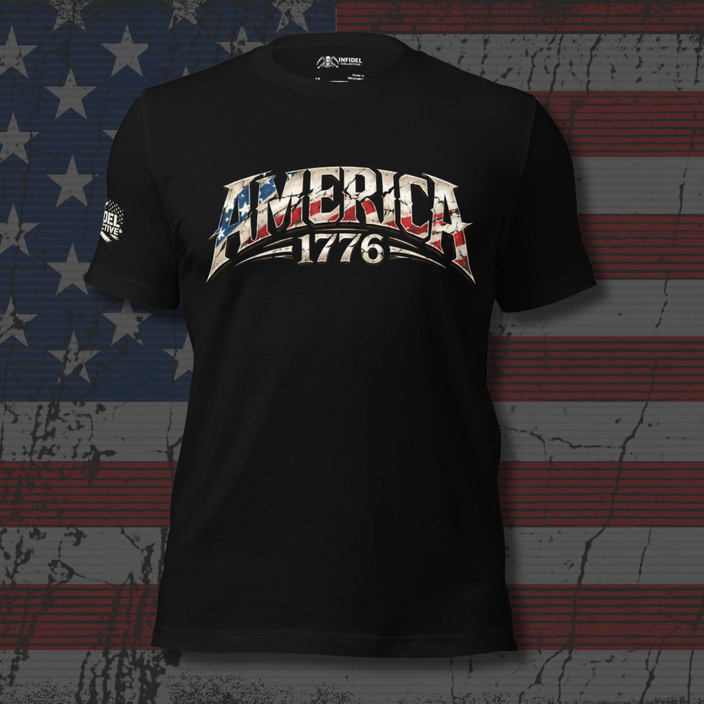 Black front print t-shirt featuring distressed America 1776 lettering with an American flag design integrated into the text
