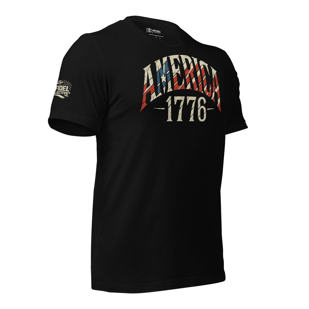 Black t-shirt featuring distressed American flag styled America 1776 text graphic