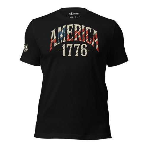 Front view of black tee featuring America CCL bald eagle with red, white, and blue wing accents design