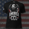 America First Flight bald eagle over CCL lettering design front print black tee from Infidel Collective