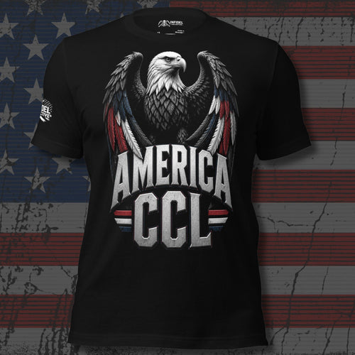America First Flight bald eagle over CCL lettering design front print black tee from Infidel Collective