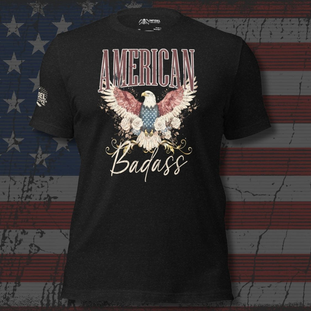 Black t-shirt with an eagle graphic and 'American Badass' text on a distressed American flag background.