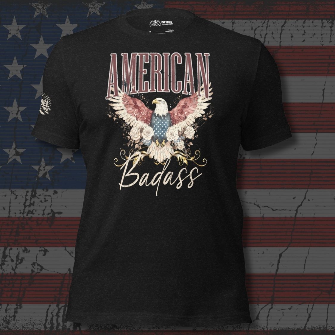 Black t-shirt with an eagle graphic and 'American Badass' text on a distressed American flag background.