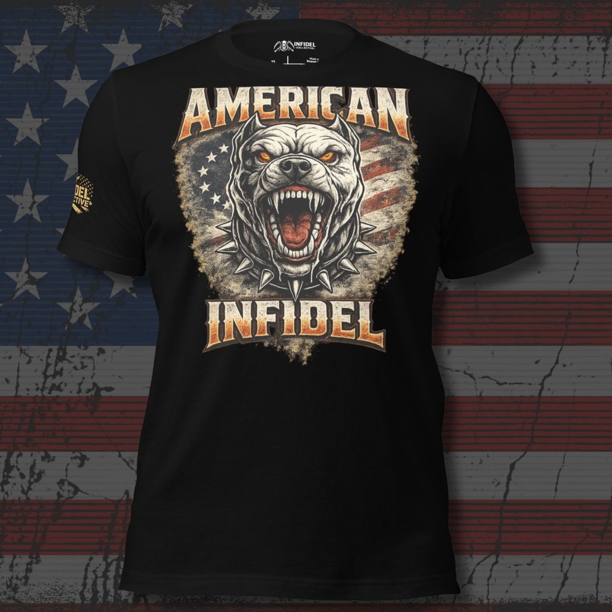 Black t-shirt with a graphic of a bear and 'American Infidel' text on an American flag background.