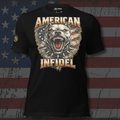 Black t-shirt with a graphic of a bear and 'American Infidel' text on an American flag background.