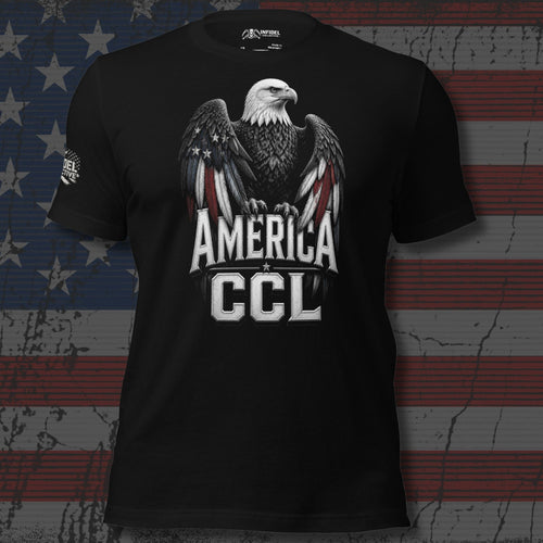 bald eagle with American flag wings and America CCL text front print black tee from Infidel Collective