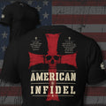 Not Unto Us American Infidel red cross and skull back print black tee from Infidel Collective