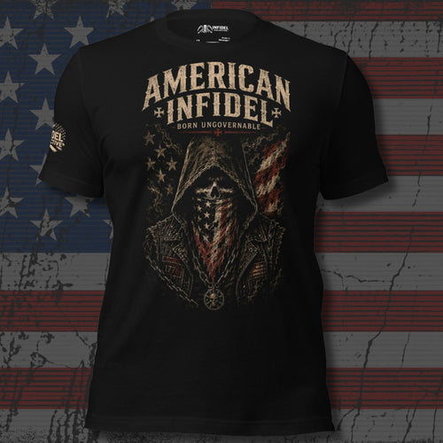 American Infidel Born Ungovernable hooded flag skull design front print black tee from Infidel Collective