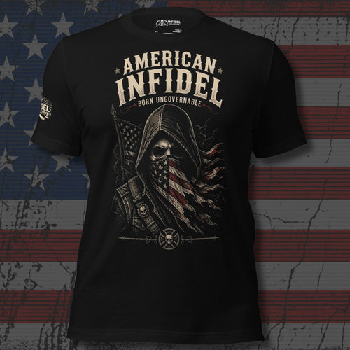 American Infidel Born Ungovernable hooded patriot reaper design front print black tee from Infidel Collective