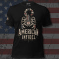 American Infidel Built Different American flag scorpion design front print black tee from Infidel Collective