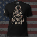 Black American Infidel Built Different tee with American flag scorpion front graphic