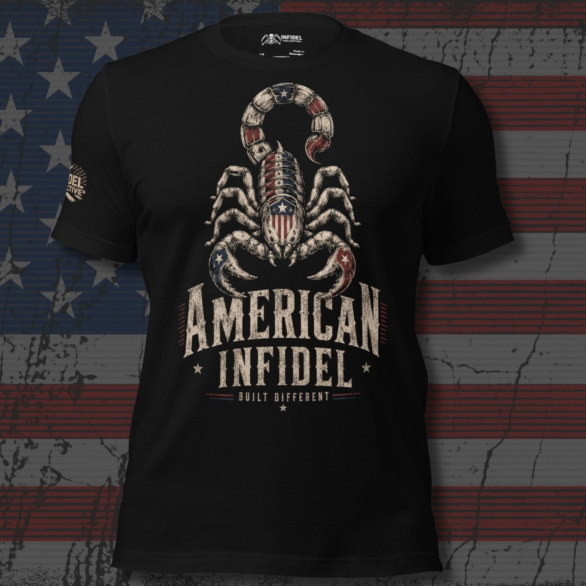 Black American Infidel Built Different tee with American flag scorpion front graphic