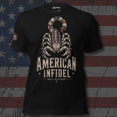 American Infidel Built Different American flag scorpion design front print black tee from Infidel Collective