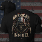 American Infidel hooded reaper crossed scythes back print black tee from Infidel Collective