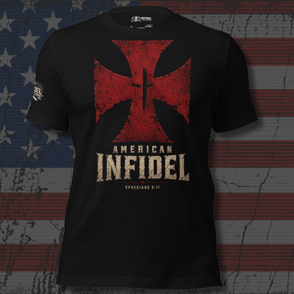 American Infidel red crucible cross graphic black tee from Infidel Collective
