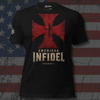 American Infidel red crucible cross graphic black tee from Infidel Collective