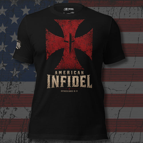 American Infidel distressed red crucible cross with Ephesians 6:11 design front print black tee from Infidel Collective