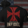 American Infidel distressed red cross with Romans 8:37 design back print black tee from Infidel Collective