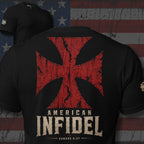 American Infidel red crucible cross graphic black tee from Infidel Collective