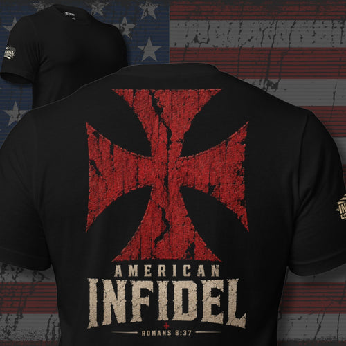 American Infidel distressed red cross with Romans 8:37 design back print black tee from Infidel Collective
