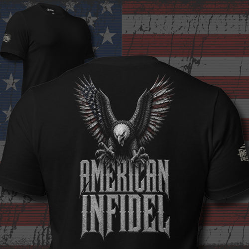 American Infidel pair of bald eagles attacking with talons out design back print black tee from Infidel Collective