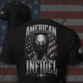 American Infidel eagle wrapped in a distressed American flag design back print black tee from Infidel Collective