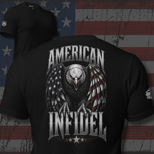 American Infidel owl wrapped in a distressed American flag design back print black tee from Infidel Collective