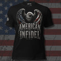 American Infidel bald eagle with flag-tipped wings and shield front print black tee from Infidel Collective