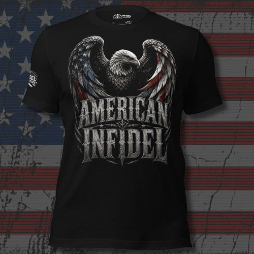 American Infidel bald eagle with flag-tipped wings and shield front print black tee from Infidel Collective