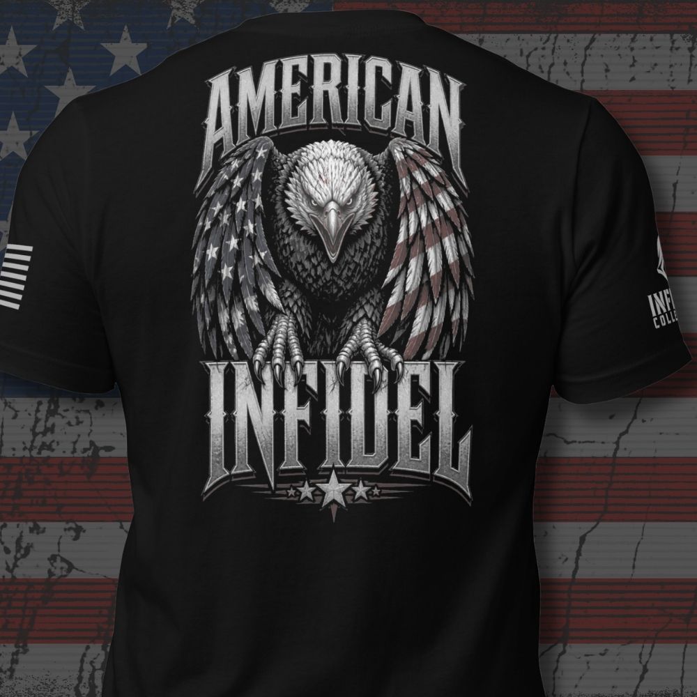 Back view of Black American Infidel Flag Eagle Back Print tee.