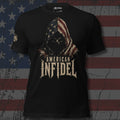 Mystic American Infidel faceless flag hood front print black tee from Infidel Collective