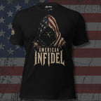 American Infidel flag hood graphic black tee from Infidel Collective