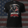 American Infidel screaming reaper with scythe and American flag cloak design front print black tee from Infidel Collective
