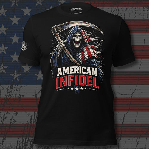 American Infidel screaming reaper with scythe and American flag cloak design front print black tee from Infidel Collective