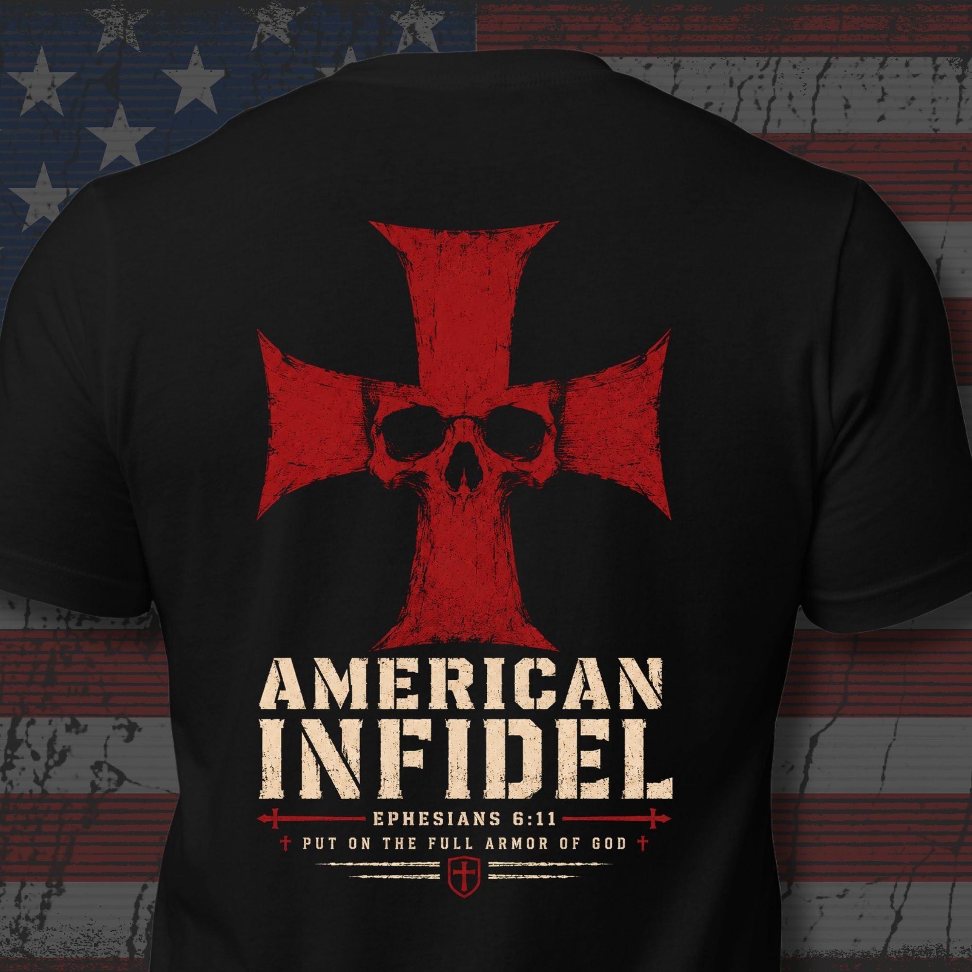 Full Armor American Infidel crimson cross back print black tee from Infidel Collective