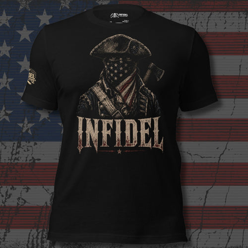 American Infidel Revolutionary patriot raider in a flag mask design front print black heather tee from Infidel Collective