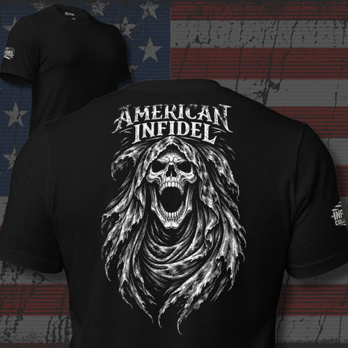 American Infidel screaming hooded reaper design back print black tee from Infidel Collective