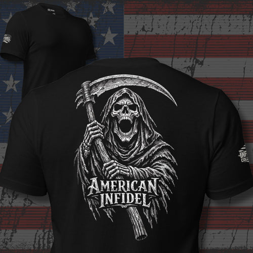 American Infidel hooded reaper gripping a long scythe design back print black tee from Infidel Collective