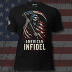 Black t-shirt featuring a patriotic grim reaper wrapped in an American flag holding a flag-themed scythe above American Infidel text