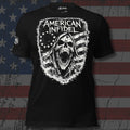 American Infidel screaming skull reaper over a distressed American flag design front print black tee from Infidel Collective