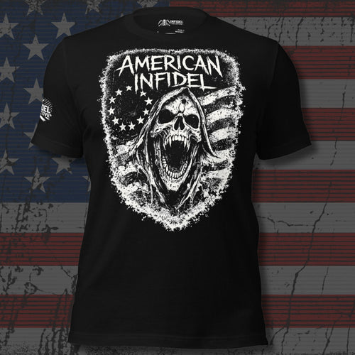 American Infidel screaming skull reaper over a distressed American flag design front print black tee from Infidel Collective