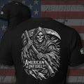 American Infidel winged grim reaper carrying a scythe design back print black tee from Infidel Collective