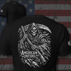 American Infidel back print black tee with hooded reaper holding flag-wrapped scythe and white graphic artwork